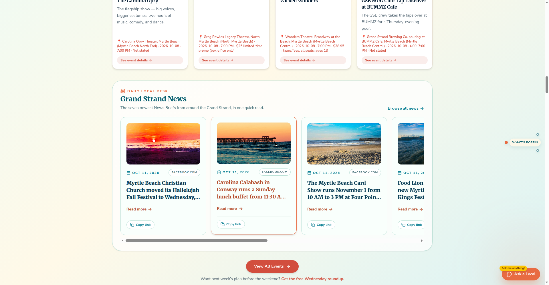 Myrtle Beach Unlocked content sections showing What’s Poppin and News Desk